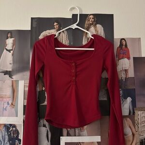 Red Long Sleeve Button-Up Top